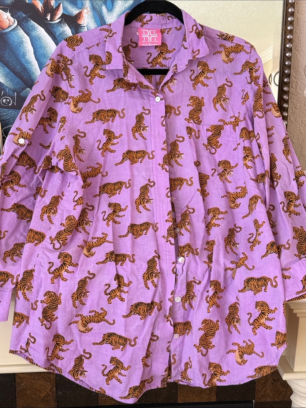 Lavender Tiger-Print Button-Front Blouse - Relaxed Fit